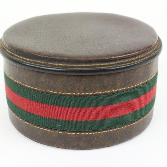Gucci Ultra Rare Brown Leather Web Round Box Case Jar Boite 71g411s - Picture 1 of 12